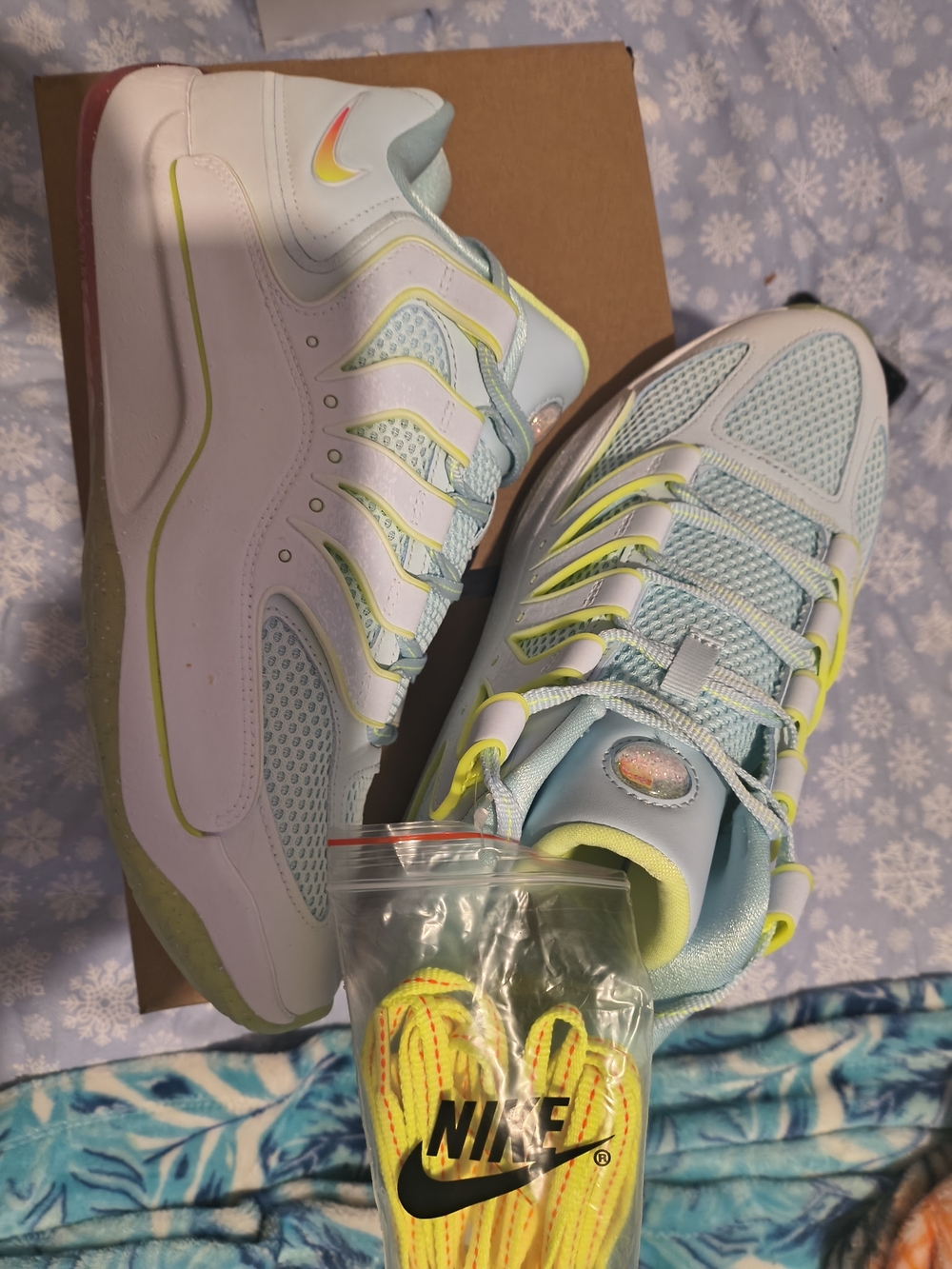 Nike KD18 PRM Light Blue & White Athletic Sneakers with Neon Yellow Accents